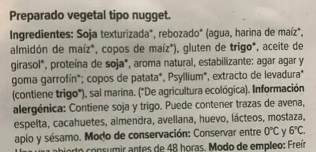 Bio nuggets veganos ingredients label