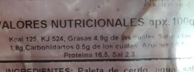 Lacón nutrition facts table