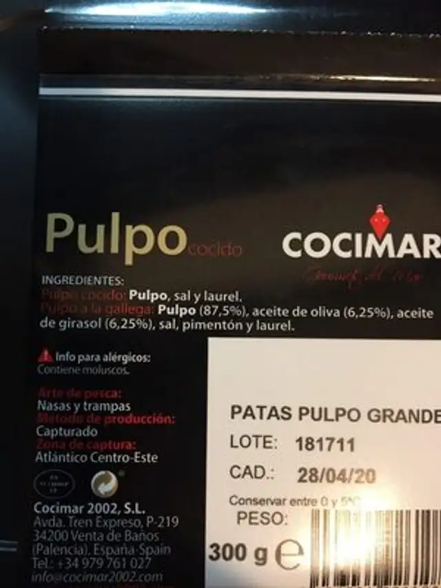 Patas de pulpo grande ingredients label