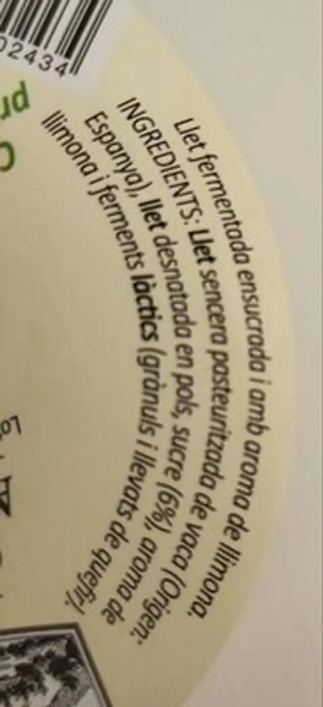 Quefir gust de llimona ingredients label