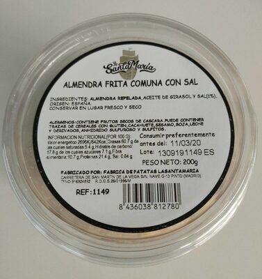 Almendra frita comuna con sal front packaging