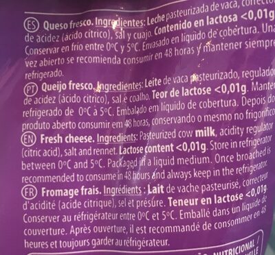 Mozzarella fresca sin lactosa ingredients label