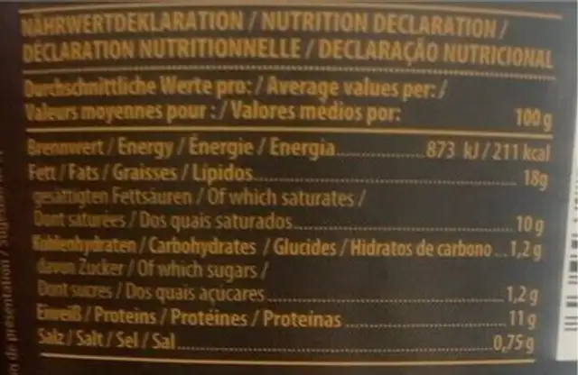 Unknown nutrition facts table