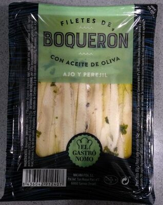Filetes de boquerón con aceite de oliva, ajo y perejil front packaging