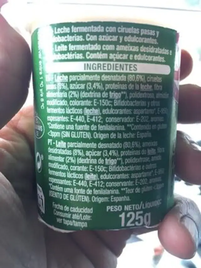 Bifidus con ciruelas pasas ingredients label