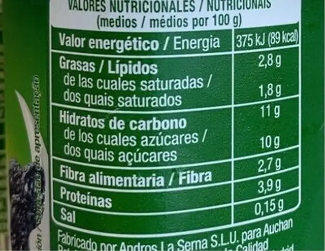 Bifidus con ciruelas pasas nutrition facts table