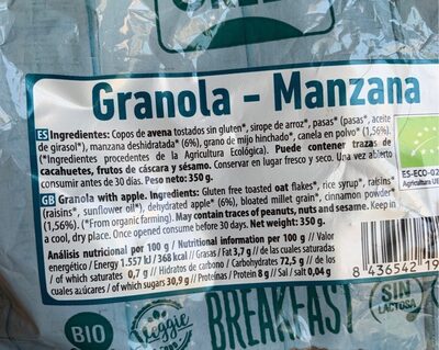 Granola Manzana nutrition facts table