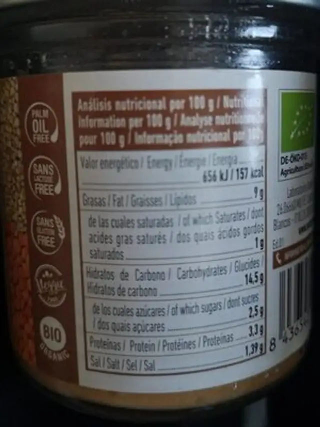 Paté vegetal de quinoa, lenteja roja y boniato nutrition facts table