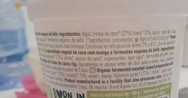 Kéfir de coco y mango ingredients label