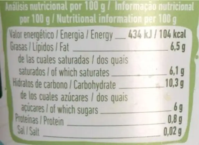 Kéfir de coco y mango nutrition facts table