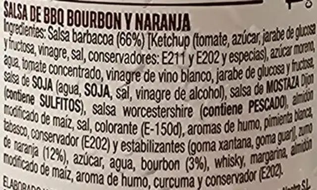 BBQ Bourbon y Naranja ingredients label