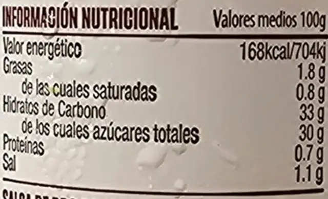 BBQ Bourbon y Naranja nutrition facts table