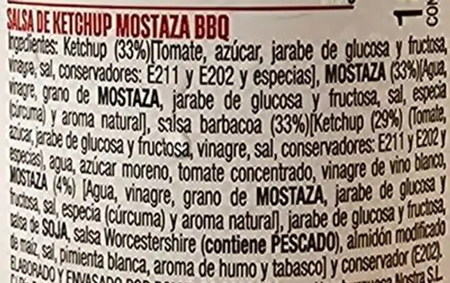 Ketchup Mostaza BBQ ingredients label