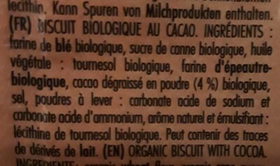 ORGANIC BISCUIT WITH COCOA ingredients label