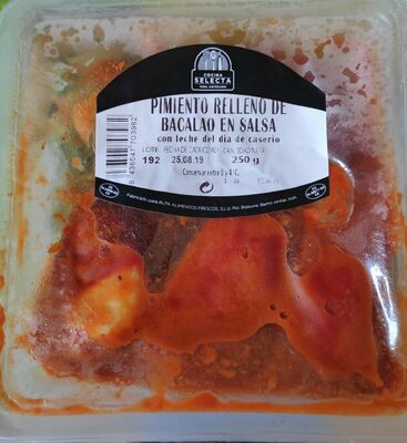 Pimiento relleno de bacalao en salsa front packaging