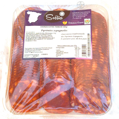 Chorizo extra tranché 500gr - Pyrénées espagnoles - Soélia front packaging