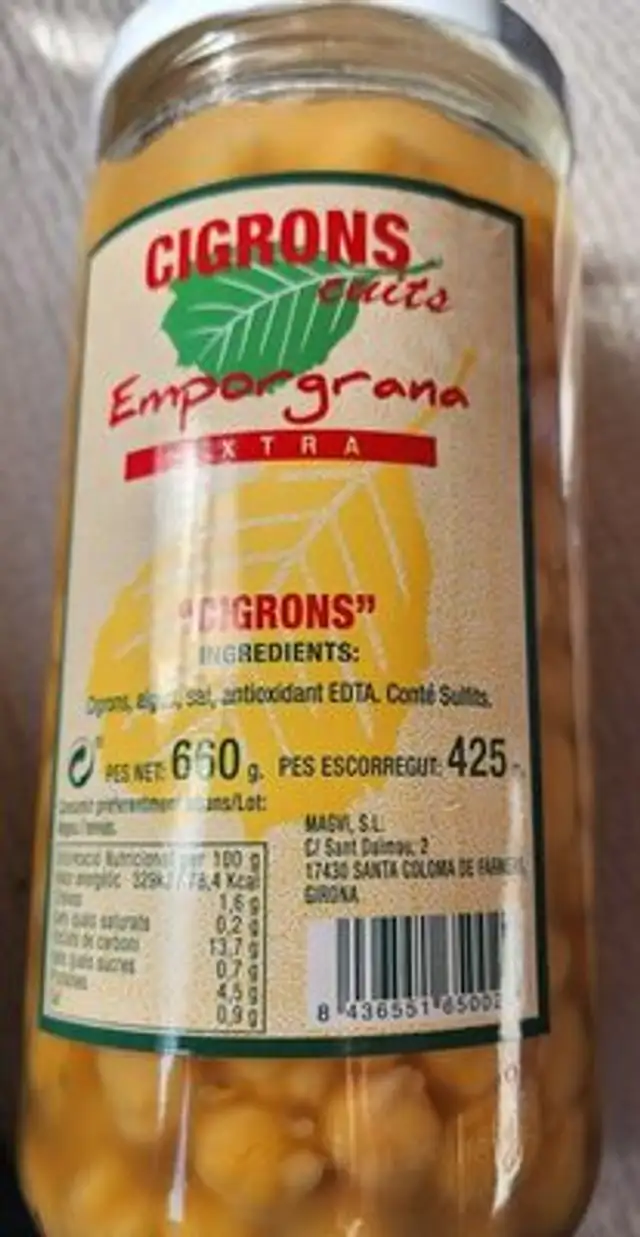Garbanzos ingredients label