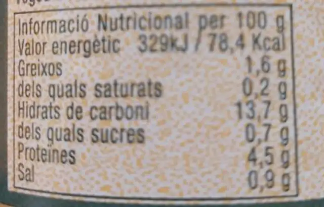 Garbanzos nutrition facts table