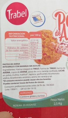 Pasta de avena nutrition facts table