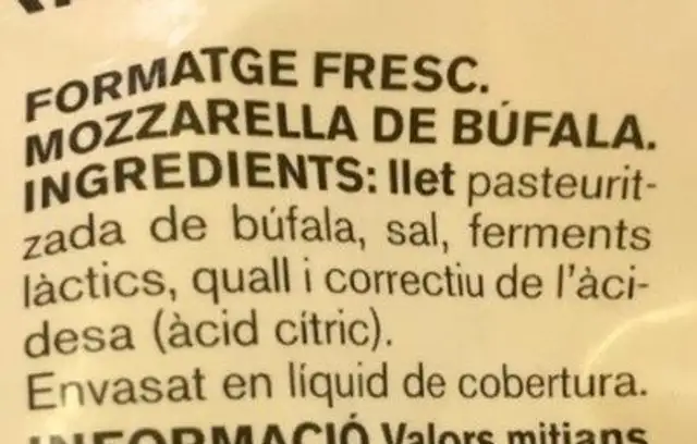 Mozzarella de Búfala ingredients label
