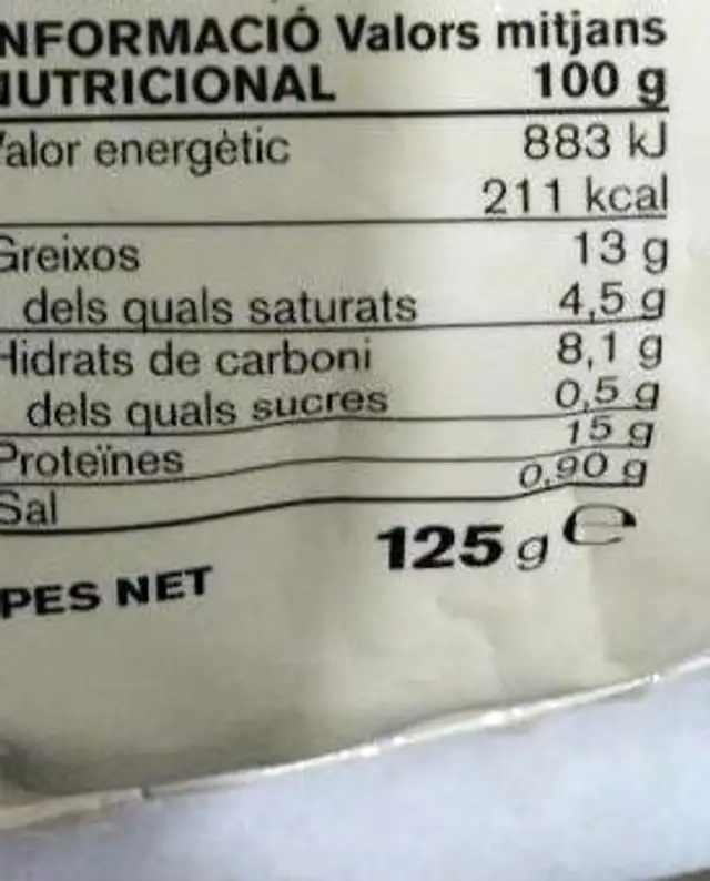 Mozzarella de Búfala nutrition facts table