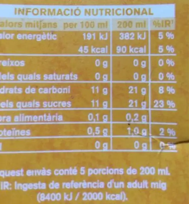Suc de pinya nutrition facts table