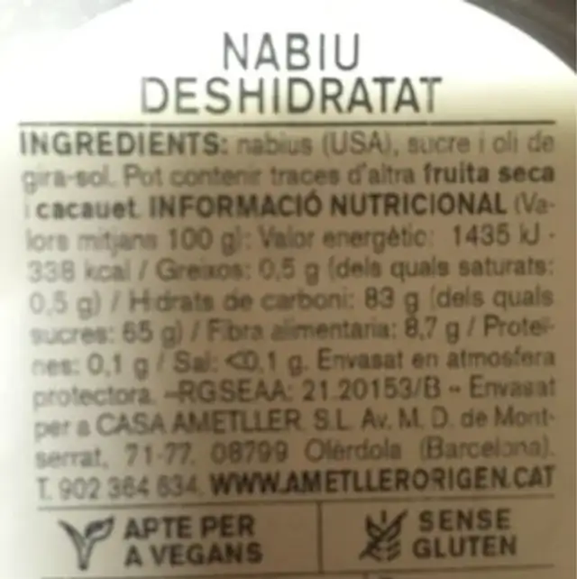 Canneberges Deshidratrées nutrition facts table