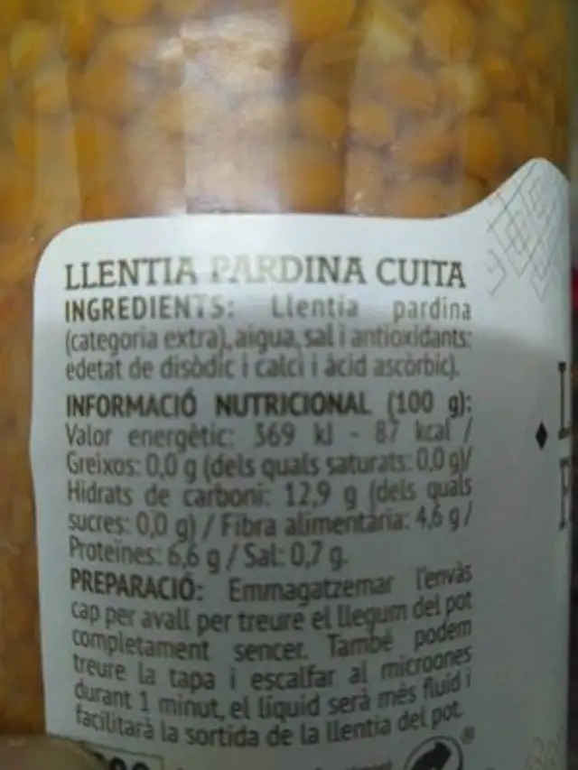 Llentia Pardina nutrition facts table