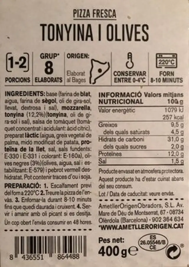Pizza Tonyina i Olives nutrition facts table