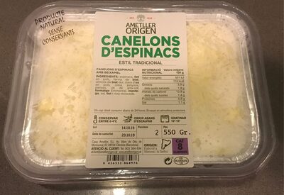 Canelons d'espinacs front packaging