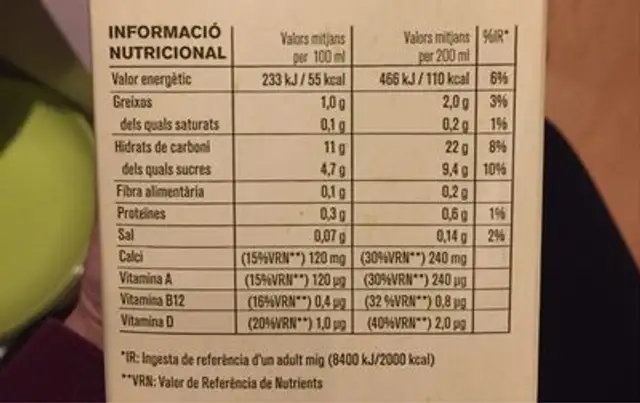 Beguda vegetal d'arròs nutrition facts table