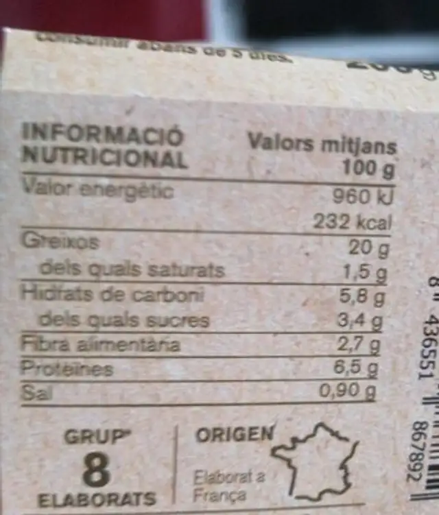 Salses veganes nutrition facts table