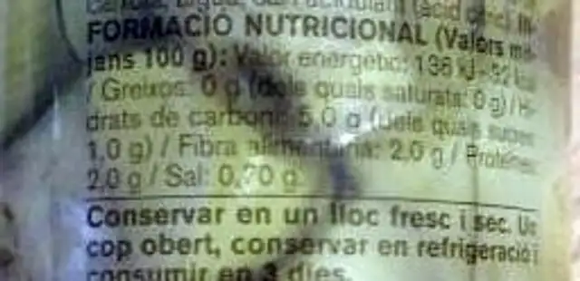 Cors de carxofa ingredients label