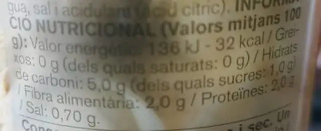 Cors de carxofa nutrition facts table