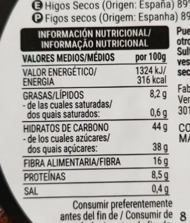 Pan de higo con almendras nutrition facts table
