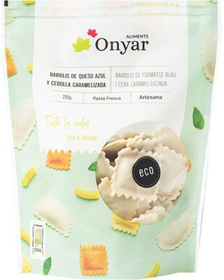 Raviolis de queso azul y cebolla caramelizada front packaging
