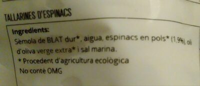 Tallarines de espinacas ingredients label