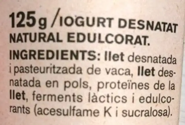 IOGURT DESNATAT NATURAL EDULCORAT ingredients label