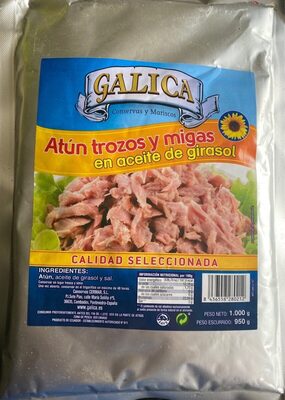 Atún trozos y migas en aceite de girasol front packaging