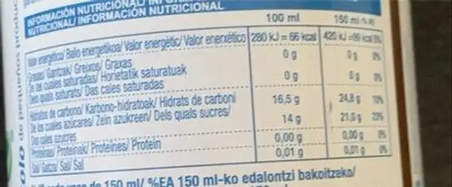 Jugoso zumo nutrition facts table