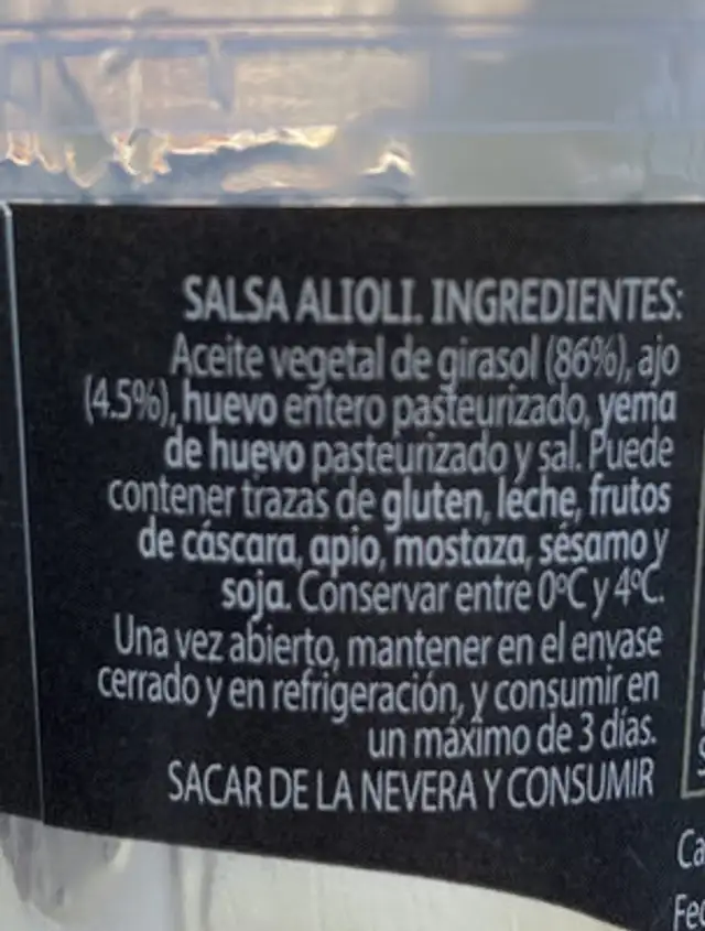 Salsa allioli ingredients label