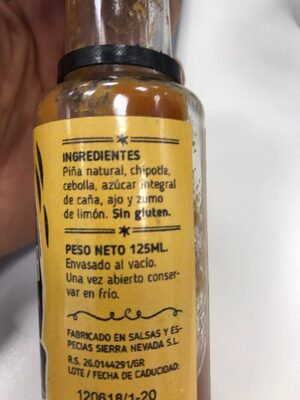 Salsa de chipotle y piña ingredients label