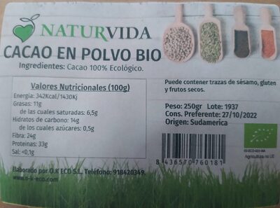 Cacao en polvo front packaging