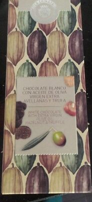 Chocolate blanco con AOVE avellanas y trufa front packaging