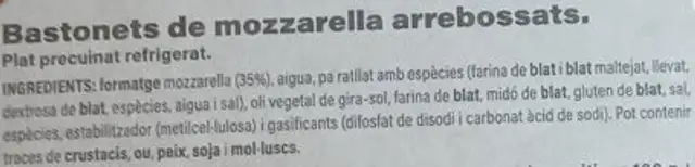 Bastonets de mozzarella ingredients label