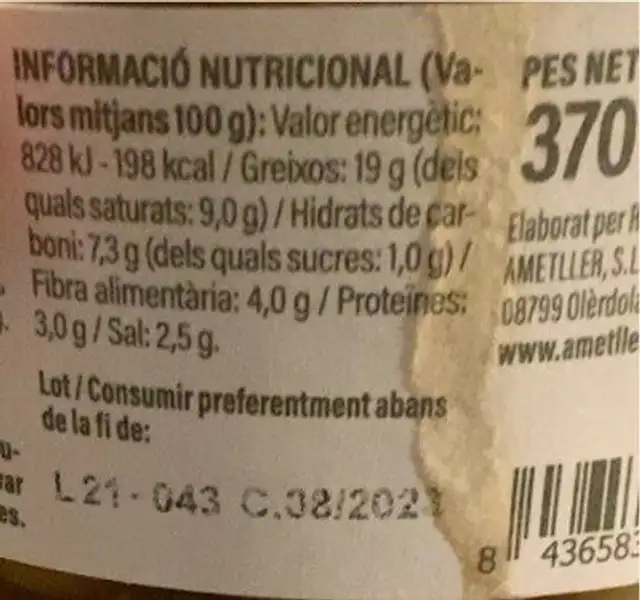 Oliva Gaspatxa nutrition facts table