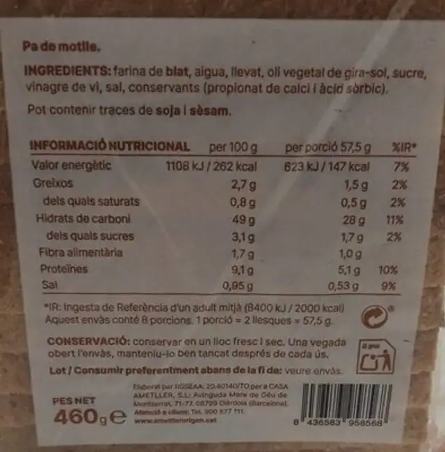 Pa De Mottle nutrition facts table