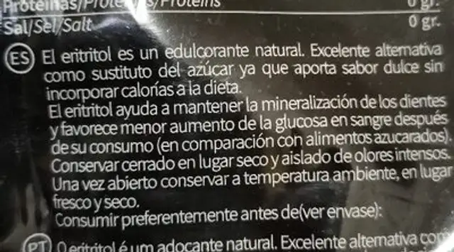 Eritritol ingredients label