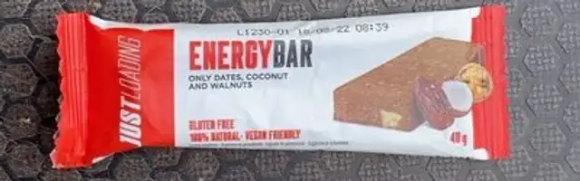 Energy bar, only dates, coconut and walnuts front packaging