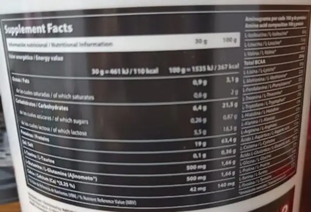 Whey Amino Complex nutrition facts table